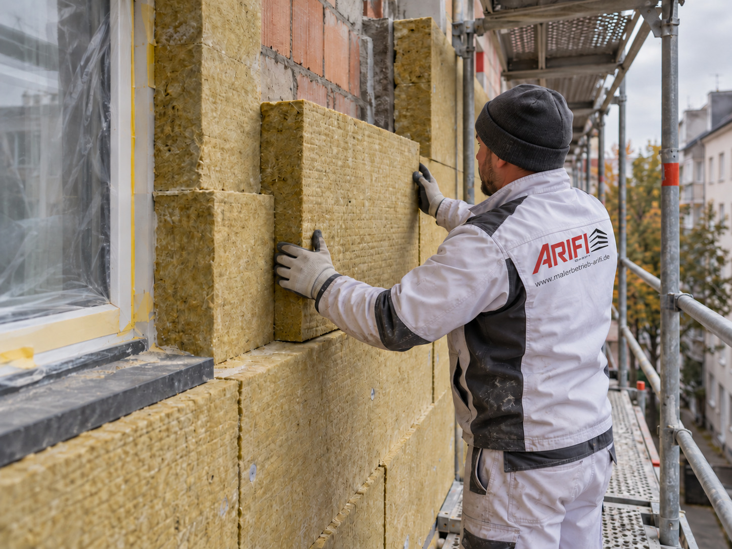 Symbolbild: Anbringen von Mineralwolldämmung an einer Fassade